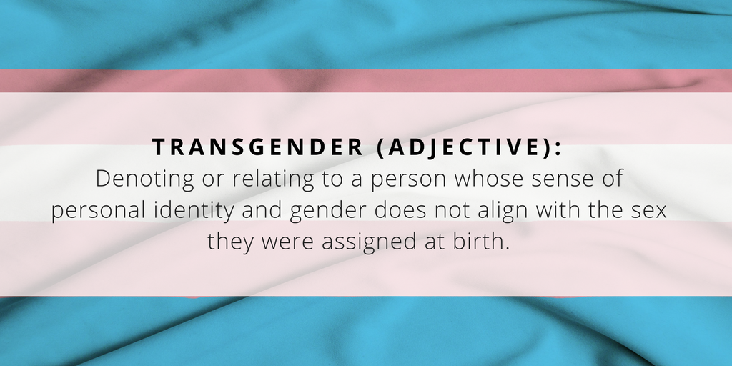 Transgender (adj.): Denoting or relating to a person whose sense of personal identity and gender does not align with the sex they were assigned at birth. 