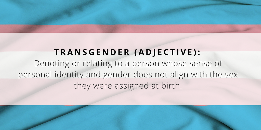 Transgender (adj.): Denoting or relating to a person whose sense of personal identity and gender does not align with the sex they were assigned at birth.