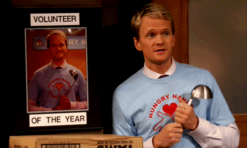 gif of Barney from How I Met Your Mother next to a photo of himself that says 'volunteer of the year'