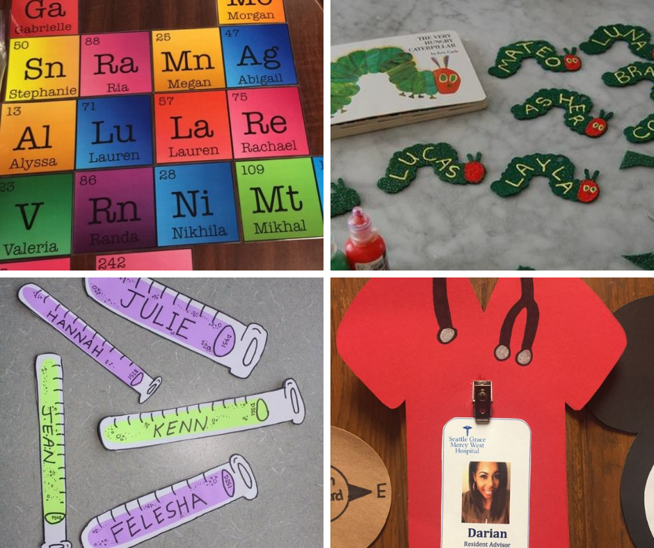 paper decorations of: a periodic table, caterpillars, chemicals, and a doctor's jacket