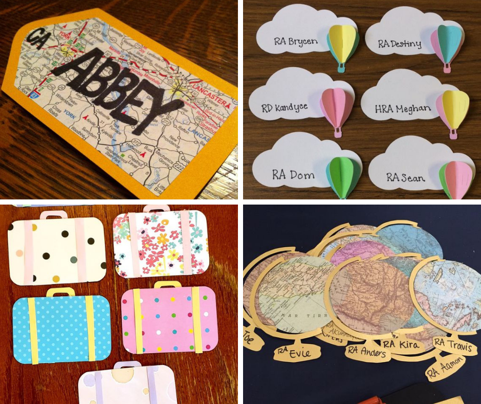 decorations of: luggage tags, hot air balloons, suitcases, and globes