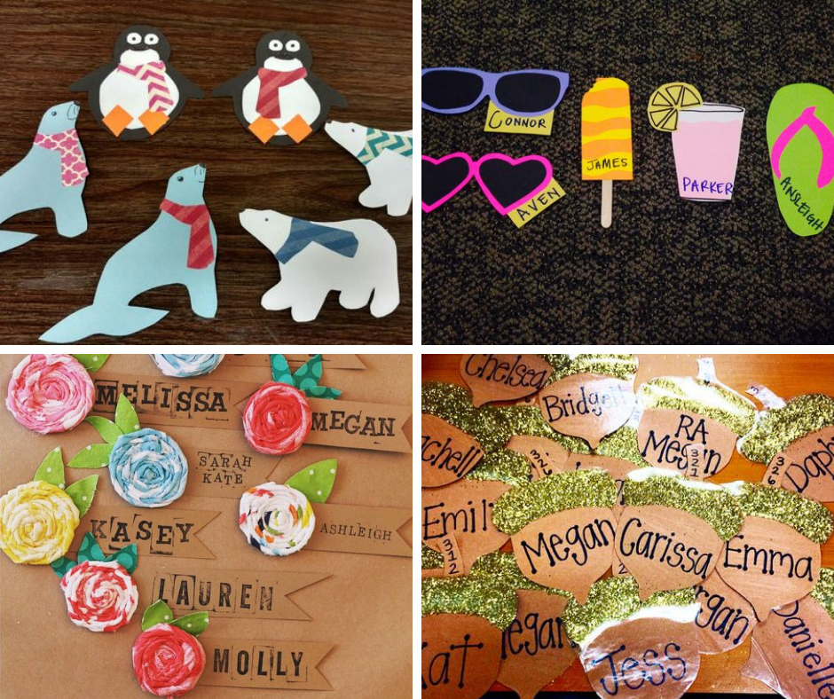 decorations of: penguins and polar bears, sunglasses and flip flops, flowers, and acorns