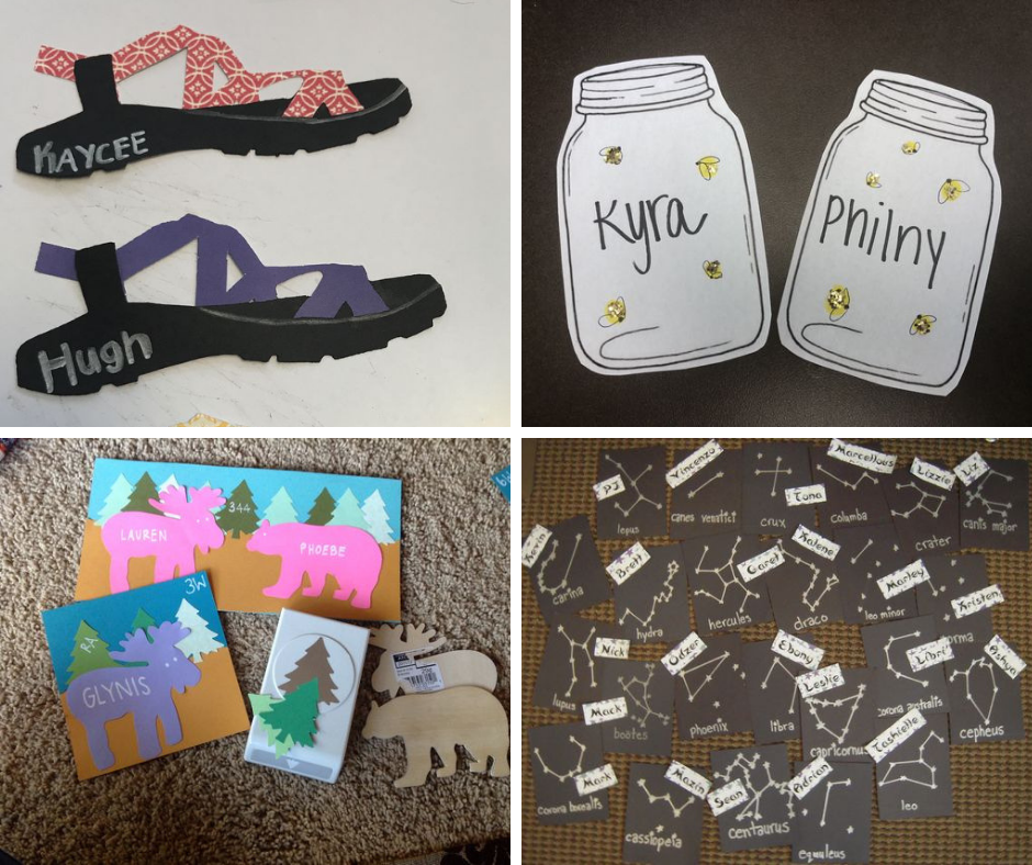 paper decoration of: sandals, fireflies caught in a jar, bears, and stars