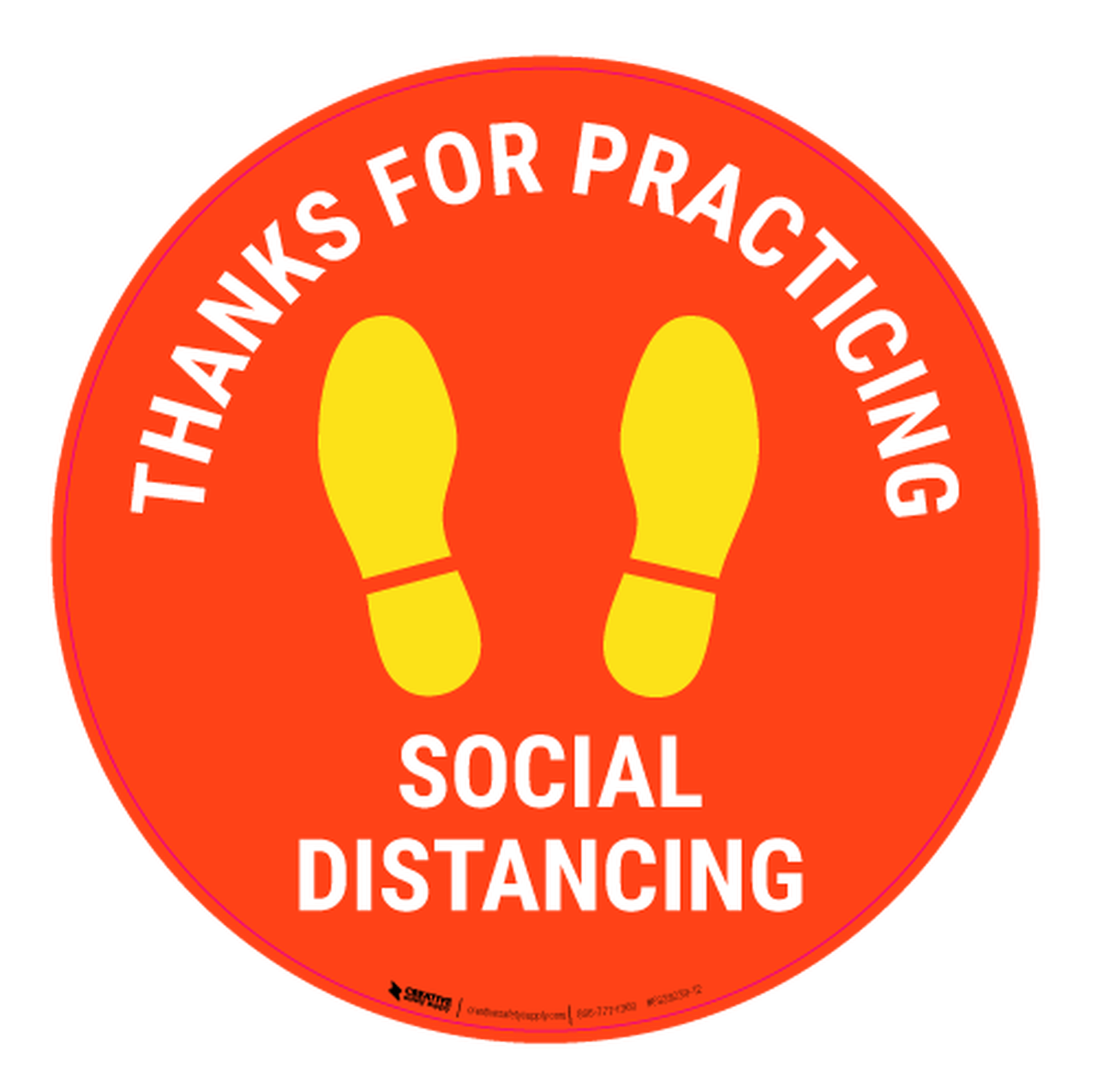 illustration of a circle with footprints inside that says 'thanks for practicing social distancing'