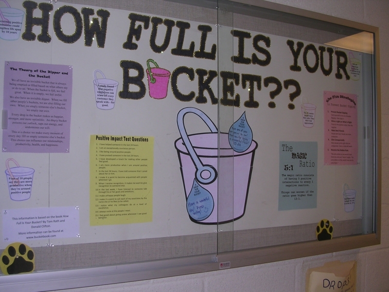 a bulletin board that says 'how full is your bucket?' alongside a drawing of a bucket and bright slips of paper