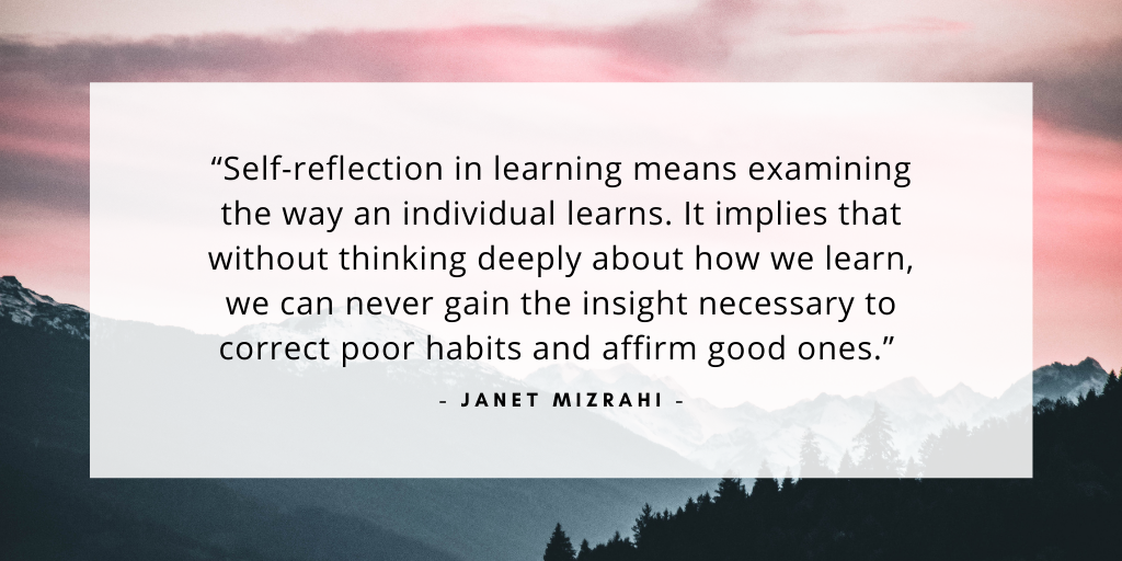 “Self-reflection in learning means examining the way an individual learns. It implies that without thinking deeply about how we learn, we can never gain the insight necessary to correct poor habits and affirm good ones.” - Janet Mizrahi