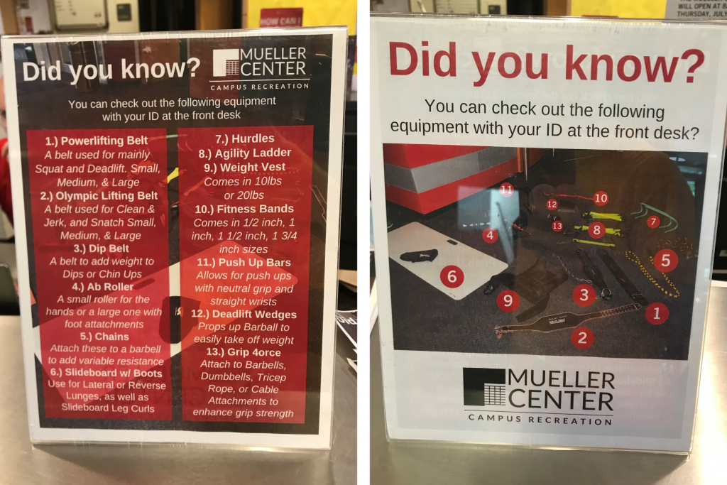 poster of the Mueller Center that say "did you know" along with photos and descriptions of the items available for students to check out