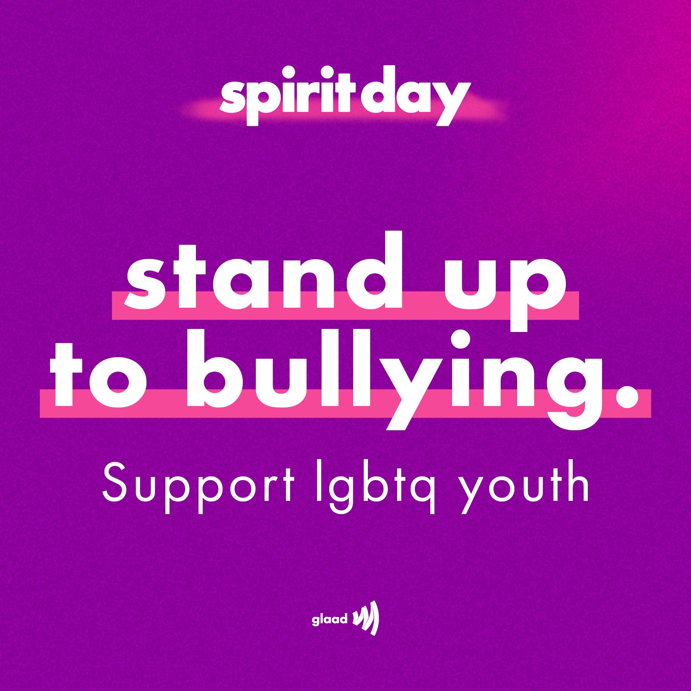 purple poster that says 'spirit day, stand up to bullying, support lgbtq youth`