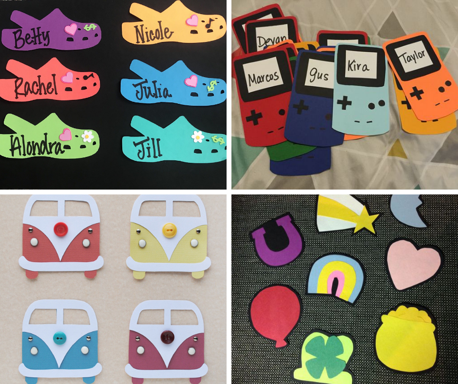 4 images of paper crocs, paper gameboys, paper VW bugs, and paper Lucky Charm marshmellows
