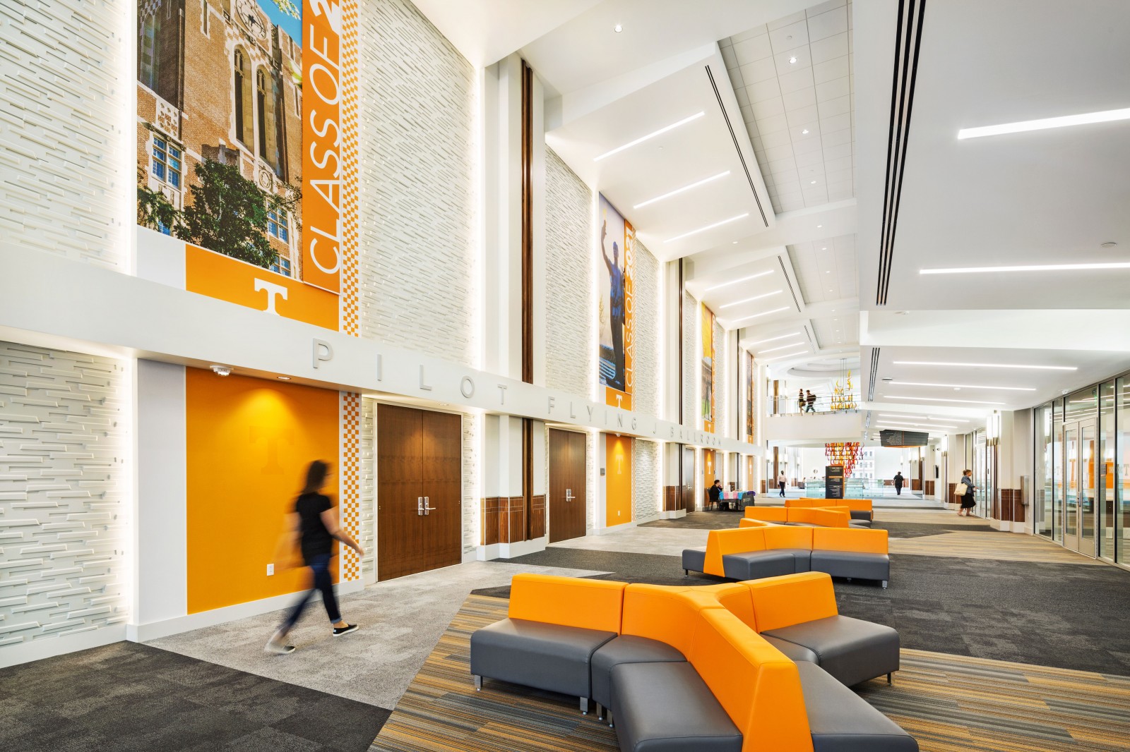 modern orange and gray furniture in the University of Tennessee student union