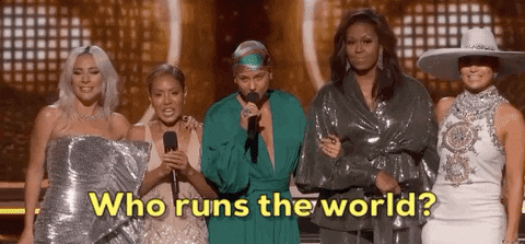 gif of women on a stage saying 'who runs the world?' with an audience replying 'girls'