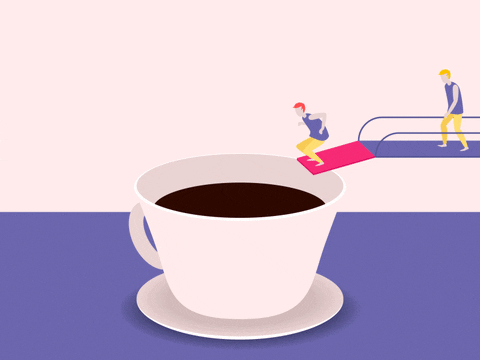 gif animation of people diving into a giant coffee cup