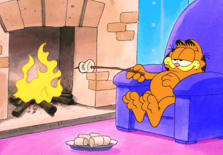 gif of Garfield roasting a marshmallow at a home fireplace