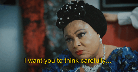 gif of a woman saying 'I want you to think carefully before you answer.'