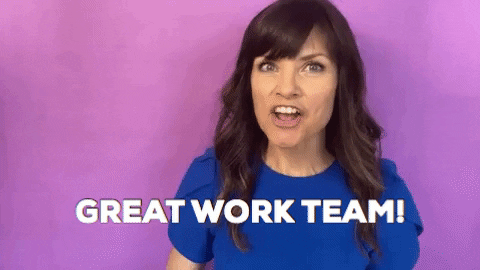 gif of a woman saying 'great work team' with a wink and a thumbs up