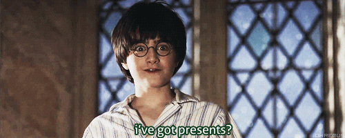 gif of Harry Potter saying 'I've got presents?'