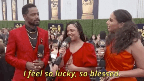 gif of Tessa Thompson saying 'I feel so lucky so blessed'