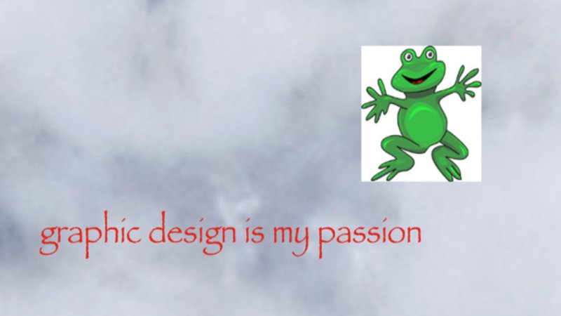 Frog on cloud background with text in papyrus font, says "Graphic design is my passion"