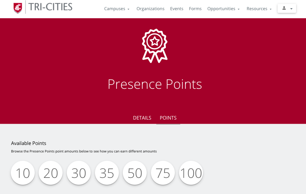 screenshot of Washington State University Tri-Cities's points page on Presence showing points offered from 10 to 100 points
