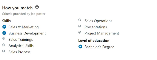 screenshot of LinkedIn showing how the users skills match up with an example job post