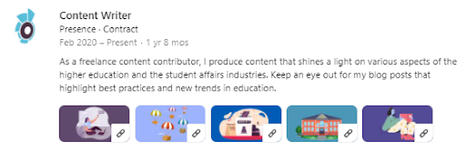 screenshot of the author's LinkedIn profile showing that she's attached five of the best blog posts she's written