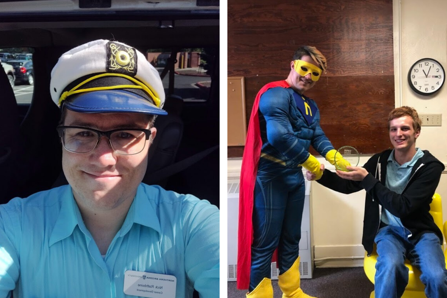 two photos of Author Nick - in the left one, here's wearing a captain's hat and on the right, he's dressed as a superhero and shaking a student's hand