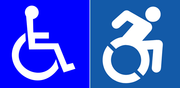 two icons representing wheelchair users (the left shows the classic symbol, seen on most wheelchair parking spaces today, and the right image is a nice icon representing a wheelchair athlete propelling themselves forward with their arms)