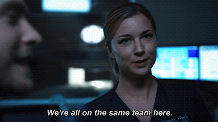 gif of a woman saying 'we're all on the same team here'