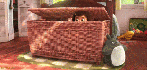 gif of a little girl hiding in a basket with a stuffed animal