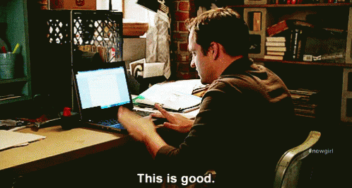 gif of someone typing on a laptop and happily saying 'this is good'
