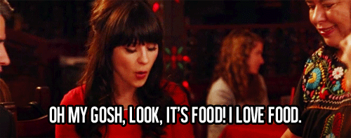 gif of Jeff from New Girl saying 'Oh my gosh, look! It's food. I love food.'