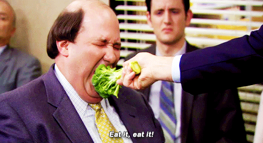 gif of Kevin from the office eating lettuce while Michael says 'eat it eat it'