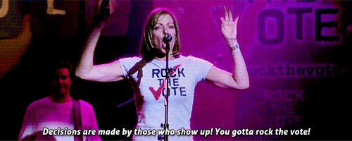 gif of Allison Janney saying 'decisions are made by those who show up! you gotta rock the vote!'