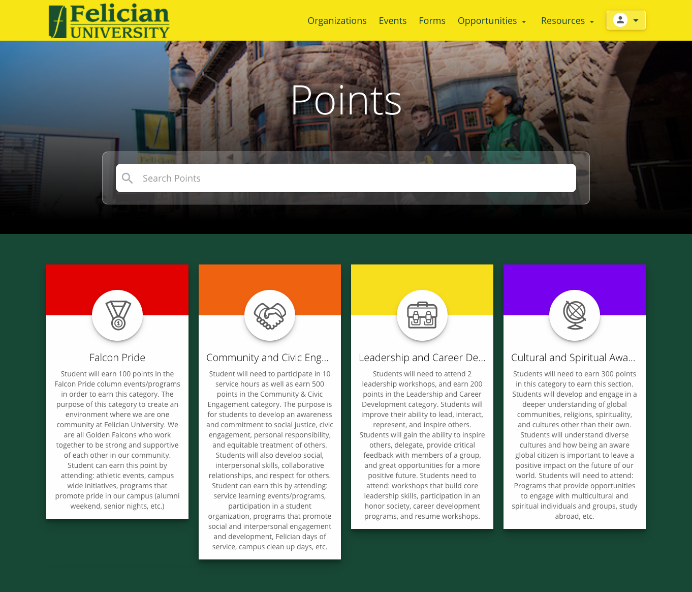 screenshot of Felician University's points page on its Presence student portal